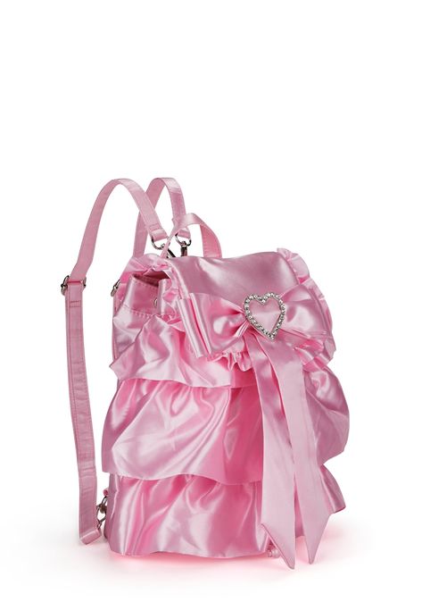 cuz you're gonna rule the school. This mini backpack has a satin construction, a ruffled trim, an inner patch pocket, drawstring ties, detachable and adjustable shoulder straps, a top flap with a ribbon and rhinestone heart, and a snap button closure. Sugar Thrillz, Girly Bags, Pink Girly Things, Girly Accessories, Pretty Bags, Rhinestone Heart, Pink Backpack, Cute Purses, Everything Pink