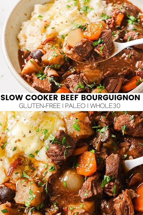 Slow Cooker Beef Bourguignon {Gluten Free} - Unbound Wellness Beef Bourguignon Slow Cooker, Slow Cooker Beef Bourguignon, Paleo Beef Recipes, Unbound Wellness, Slow Cooker Recipes Beef, Paleo Beef, French Classic, Aip Recipes, Beef Stew Recipe