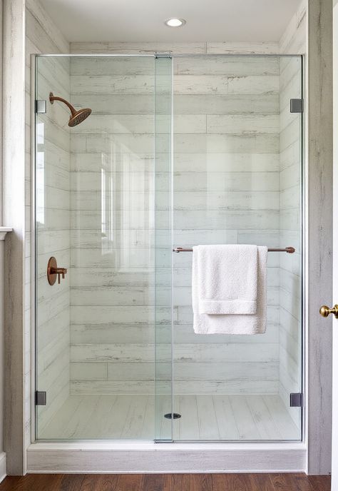 Coastal Bathroom Shower Ideas Wood-look Shower Tile Ideas, Coastal Shower Ideas, Cottage Showers, Bathroom Shower Ideas, Whitewashed Wood, Coastal Bathroom, Brian Wilson, Spa Shower, Coastal Bathrooms