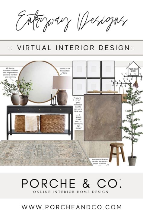 Looking for entryway ideas? Our blog features a range of mood boards. Each mood board is carefully curated with room decor ideas, showcasing how various elements can come together to create the perfect entryway decor for your DIY Interior Project. Whether you're renovating or just planning, these mood boards will spark your creativity. Visit the Porche & Co. blog to learn more about entryway designs and other room decor updates with modern classic home decor styles. Home Entrance Decor Entryway, Classic Entryway, Mood Board Ideas, Entryway Designs, Modern Classic Home, Foyer Decor, Home Entrance, Entryway Ideas, Entry Way Design