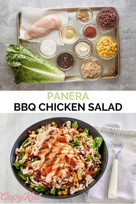 Panera BBQ Chicken Salad is loaded with flavor! Get the easy copycat recipe and find out how to make the best salad with grilled chicken, black bean corn salsa, crispy fried onions, and BBQ ranch dressing. Fresh ingredients and homemade dressing make this DIY barbecue chicken salad better than getting one at Panera. #bbqchickensalad #panera #copycat #copycatrecipe Barbecue Ranch Dressing, Panera Bbq Chicken Salad, Barbecue Chicken Salad, Bbq Chicken Salad Recipe, Bbq Ranch Dressing, Panera Salad, Bean Corn Salsa, Chicken Black Bean, Diy Barbecue