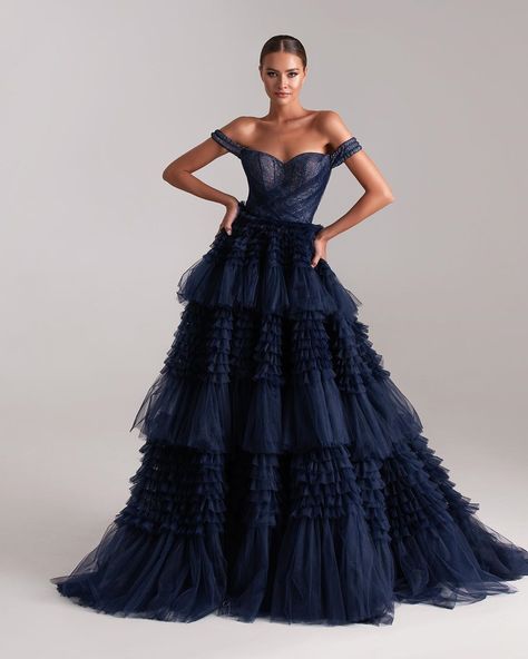 Milla Nova™ on Instagram: “Welcome our new fav ruffled dress in navy blue color. Tap the link in bio to shop online #MillabyLorenzoRossi” Colour Palette Mood Boards, Indian Fashion Modern, Prom Dresses Long A Line, Tulle Prom Dress Long, Beach Formal, Cosmo Girl, Milla Nova, Ruffle Prom Dress, Belle Silhouette