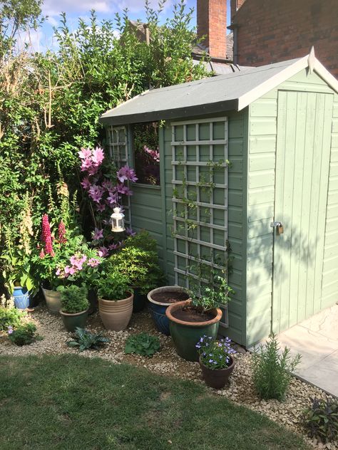 Back Shed Ideas, Back Of Shed Ideas, Pretty Sheds Ideas, Disguise Garden Shed, Sage Green Playhouse, Pretty Garden Sheds, Green Shed Ideas, Pretty Shed Ideas, Pretty Shed