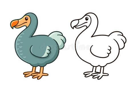 Cartoon dodo bird drawing. Cute cartoon dodo bird drawing. Color and black and white outline for coloring. Funny vector clip art illustration royalty free illustration Dodo Outline, Dodo Cartoon, Mauritius Drawing, Dodo Bird Tattoo, Dodo Bird Drawing, Bird Drawing Cute, Dodo Drawing, Dodo Tattoo, Dodo Illustration