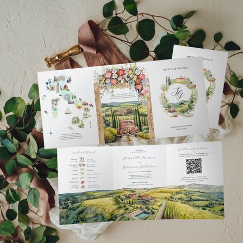 Tuscany Italy | Illustrated Wedding  Tri-Fold Invitation Italian Destination Wedding Invitations, Wedding Itinerary Card, European Destination Wedding, Wedding Invite Map, Destination Wedding Invites, 2024 Wedding Invitations, Wedding Itinerary For Guests, Italy Wedding Invitations, Tuscany Wedding Invitations