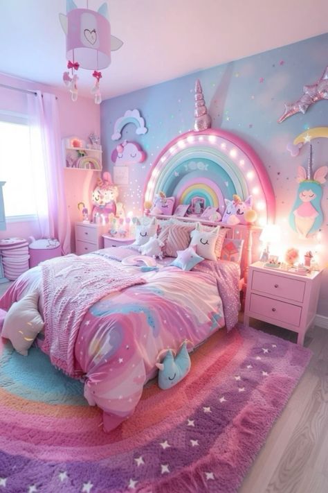 Modern Unicorn Bedroom, Purple Unicorn Aesthetic, Bedroom For 5 Year Girl, Age 5 Girls Bedroom Ideas, Pastel Rainbow Bedroom Decor, Unicorn Bedroom Decor Girl Rooms, Pink Purple Blue Bedroom Girl Rooms, Unicorn Theme Room Bedroom Ideas, Rainbow Girls Bedroom Ideas