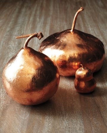 DIY Copper Leaf Gourds (copper gilding) Fall Gourds, Copper Crafts, Orange Copper, 31 Gifts, Winter Decorating, Martha Stewart Crafts, Copper Diy, Copper Leaf, Gourds Crafts