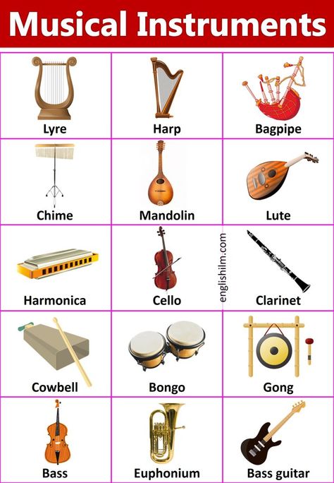 Names of The Musical Instruments with Images | English ilm Learn the musical instrument's name's in English with images. This lesson contains 50+ names of the Musical Instrument. Here we covered all musical instruments' names in English with Pictures. Musical Instruments are also called percussion instruments. Musical Instruments The musical instruments are the devices that are used to play and produce some musical sound. These instruments are used to produce music. Musical Instruments Names, Car Logos And Names, Chrismas Diy, Music Instruments Kids, Produce Music, Brass Musical Instruments, English Knowledge, Names List, Growth Mindset Posters