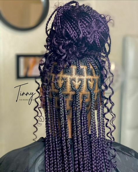 Purple Braided Hairstyles, Dye On Black Women, Hair Dye On Black Women, Saved Hairstyles, Box Braids With Curls, Purple Hairstyles, Purple Box Braids, Hair Dyed Underneath, Braided Hairstyles Black