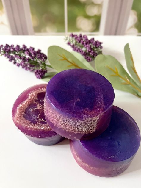 Lavender Glycerin Loofah Soap - Aromatherapy Lavender Lemon Soap Gift - Purple Glycerin Soap Rounds - Melt and Pour Soap Bars by LauraBotanicals on Etsy Glycerine Soap, Soap Collection, Melt And Pour Soap, Lemon Soap, Lavender Aromatherapy, Loofah Soap, Lavender Lemon, Melt And Pour, Thousand Oaks