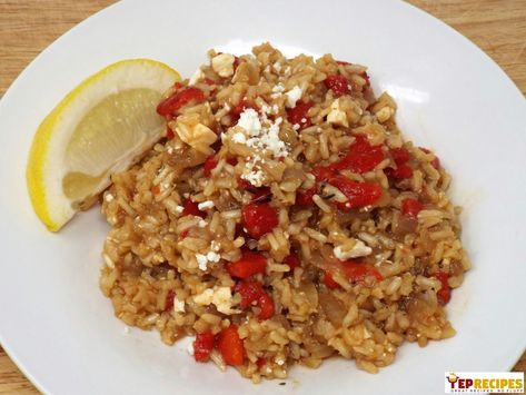 Brown Rice Dishes, 15 Minute Meals, Cheese Serving, Roasted Red Peppers, Brown Rice, Rice Dishes, Red Peppers, How To Dry Oregano, Mediterranean Recipes