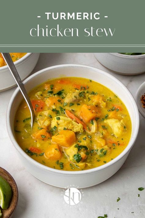 Made in one pot and filled with chicken, sweet potatoes, and turmeric, this healthy turmeric chicken stew is quick and easy to make. Anti Inflammation Sweet Potato, Turmeric Chicken Stew, Chicken Tumeric Stew, Tumeric Soup Recipe, Tumeric Recipes Dinner, Tumeric Chicken Soup, Chicken And Sweet Potato Soup, Chicken Sweet Potato Soup, Turmeric Chicken Soup