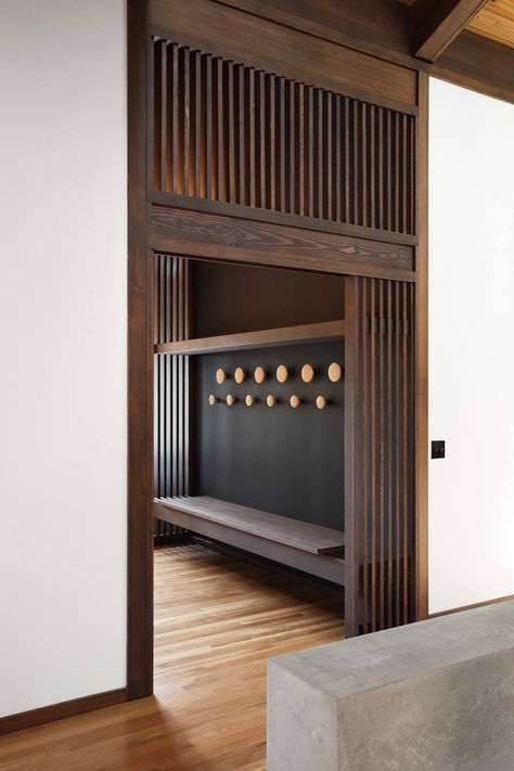 SHED Architecture & Design | Seattle Modern Architects | Zema Remodel Contemporary Mudroom, Shed Architecture, Wall Detail, Modern Remodel, Entry Bench, Modern Craftsman, Modern Architects, Sleeping Loft, Boot Room