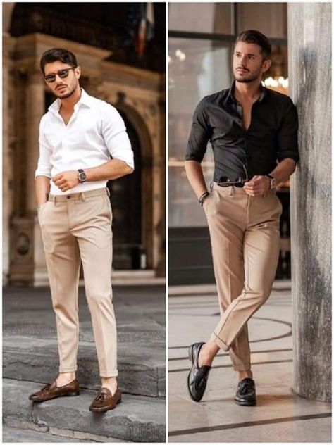 Men’s Beige Dress Pants Outfit, Trousers And Shirt Men, Formal Pant Colours For Men, Pants Colours For Men, Black Shirt Beige Pants Men, Mens Chinos Outfit Wedding, Black Shirt Matching Pant For Men, Chinos Men Outfit Wedding, Khaki Formal Outfit For Men