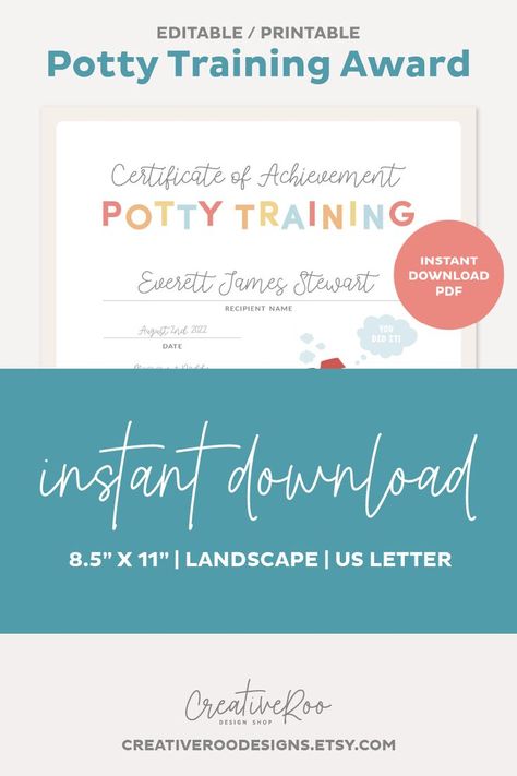 Editable Potty Training Award Certificate, Potty Training Award Printable (Instant Download) Potty Training Awards, Cubby Tags Preschool, Potty Training Certificate, Cubby Tags, Certificate Of Achievement Template, Teacher Projects, Certificate Of Achievement, Potty Training, Kid Names