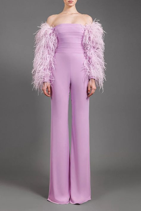 Feathered sleeves crepe jumpsuit Feather Jumpsuit, Jean Louis Sabaji, Purple Jumpsuit, Crepe Jumpsuit, Green Jumpsuit, One Piece Swimwear, Black Jumpsuit, Light Purple, Dress Making