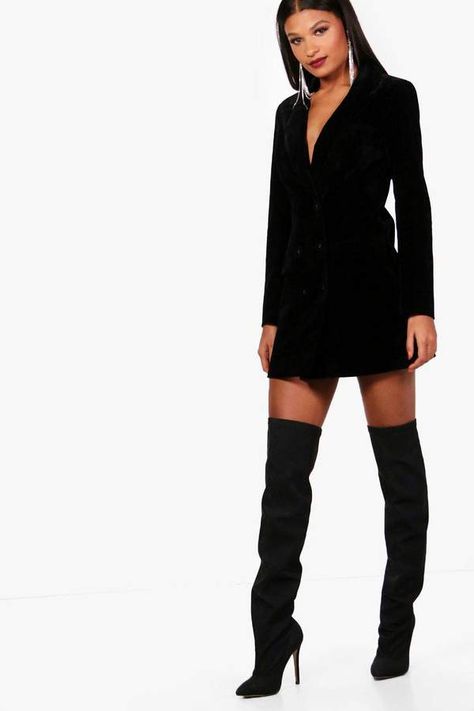 boohoo Velvet Double Breasted Blazer Tux Dress Dress With High Boots, Velvet Blazer Dress, Outfits Gothic, Black Velvet Mini Dress, Black Blazer Dress, Tux Dress, Pinterest Wardrobe, Cami Dresses, Velvet Mini Dress