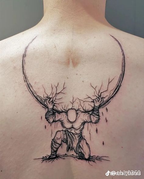 Weightlifting Tattoo For Men, Conqueror Tattoo, Single Line Tattoo Men, Mens Sternum Tattoo, Back Tattoos For Guys Full, Atlas Tattoo Design, Atlas Tattoos, Supernatural Tattoo Ideas, Back Tattoo Men