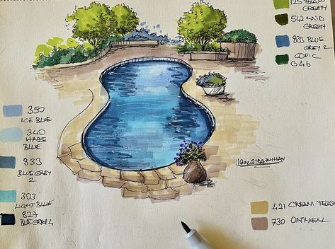 Pool Drawing, Copic Marker Drawings, Moderne Pools, Copic Drawings, Landscape Architecture Drawing, Interior Architecture Drawing, Interior Design Sketches, Architecture Design Sketch, Architecture Design Drawing