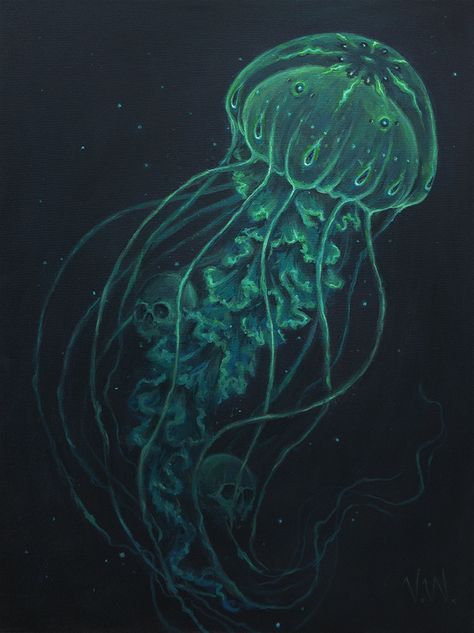 Jellyfish painting Painting A Jellyfish, Horror Jellyfish, Moon Jellyfish Painting, Jellyfish Art Acrylic, Jellyfish Painting Acrylic Easy, Bioluminescence Art, Jellyfish Canvas Painting, Jellyfish Mural, Jellyfish Line Art