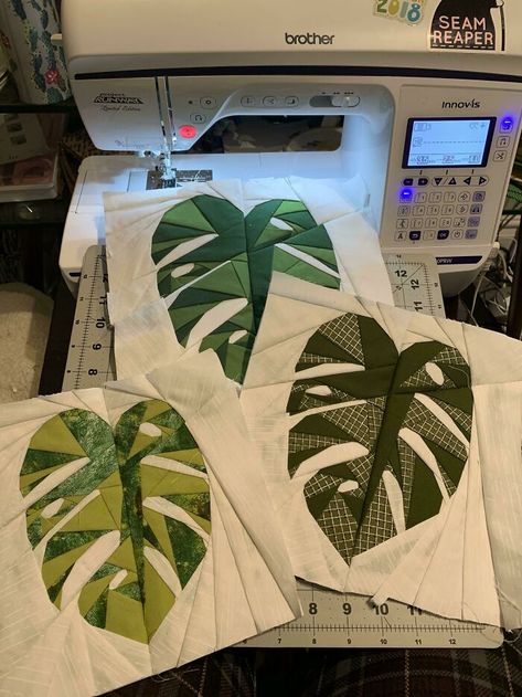 Monstera Leaf Quilt Pattern, Monstera Leaf Quilt, Plant Quilt Pattern, Leaf Quilt Pattern, Mushroom Quilt, Leaf Quilt Block, Leaf Quilts, Paper Peicing Patterns, Tropical Quilts