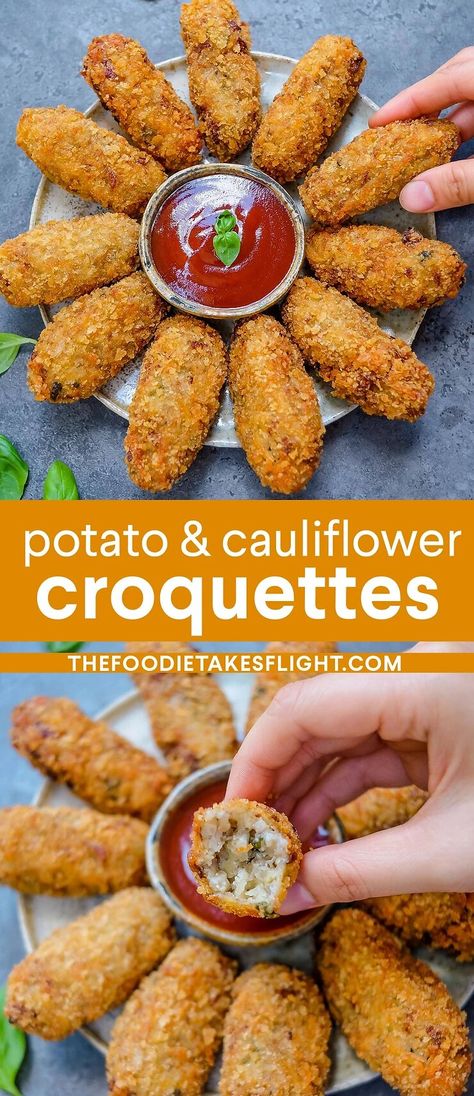 croquettes usually call to pre-cook the potatoes then mashing them before forming them Cauliflower Croquettes, Cauliflower Falafel, Vegan Croquettes, Burger Sauces, Ms Diet, Vegan Appetizer, Croquettes Recipe, Cauliflower Potatoes, Potato Croquettes