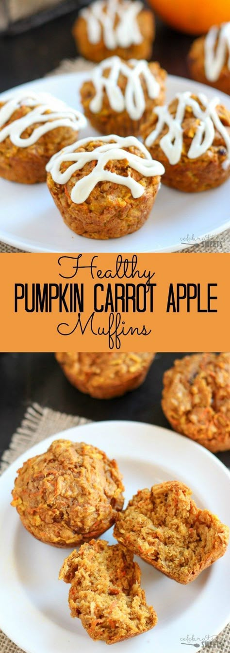 Pompoen appel wortel muffins Carrot Apple Muffins, Carrot Bread Recipe, Apple Carrot Muffins, Pie Pumpkins, Healthy Bread Recipes, Apple Muffins, Spiced Pumpkin, Healthy Pumpkin, Healthy Muffins