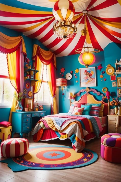 Weird Ceiling Bedrooms, Kidcore Interior Design, Clowncore Room Ideas, Circus Home Decor, Clown Furniture, Colourful Headboard, Ceiling Draping Bedroom, Clown Bedroom, Circus Furniture