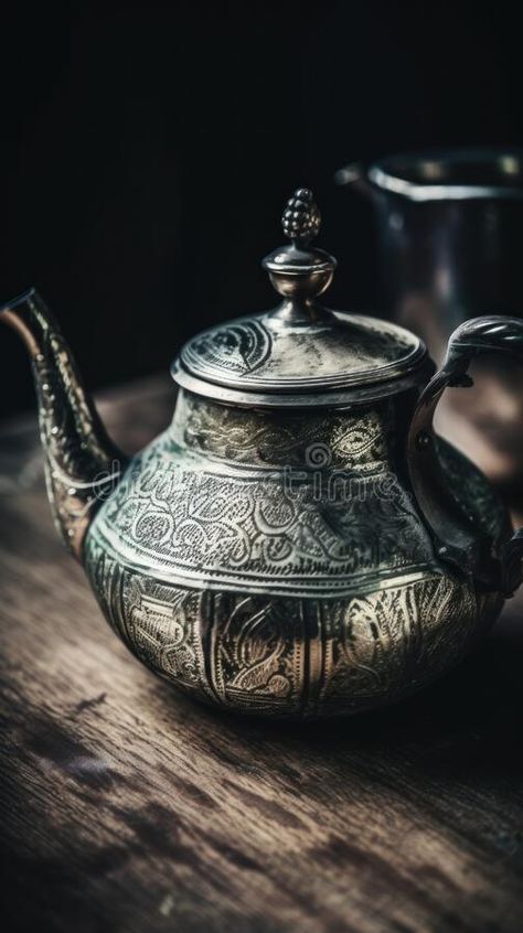 A silver teapot sitting on top of a wooden table. AI generative image. stock photos Silver Teapot, Kitchen Images, Urban Life, Wooden Table, Wooden Tables, Tea Pots, Stock Images, Stock Photos, Paint