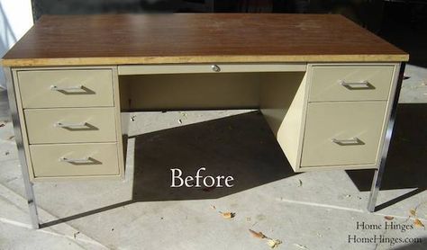 Roundup: 10 Delightful Desk Makeovers - Curbly Office Desk Makeover, Painted Metal Desks, Metal Desk Makeover, Refinished Desk, Metal Office Desk, Neat Desk, Desk Makeover Diy, Desk Redo, Tanker Desk