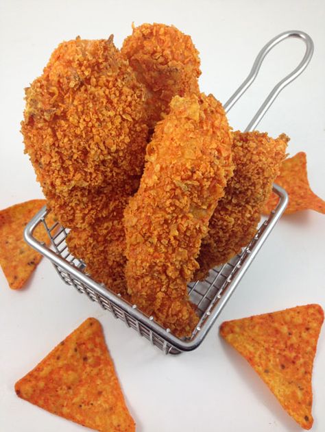 Doritos Crusted Chicken Strips | DudeFoods.com Homemade Chicken Strips, Bacon Treats, Deep Fried Food, Chicken Strips, Man Food, Crusted Chicken, Breaded Chicken, Fair Food Recipes, Bacon Recipes