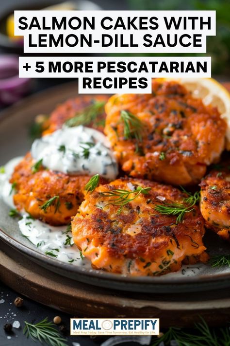 Crispy salmon cakes served with a creamy lemon-dill sauce, ideal for pescatarian meal prep. Easy Pescatarian Recipes, Pescetarian Meals, Recipes For Seafood, Mediterranean Tuna Salad, Herb Salmon, Lemon Dill Sauce, Pescetarian Recipes, Veggie Skewers, Lemon Dill