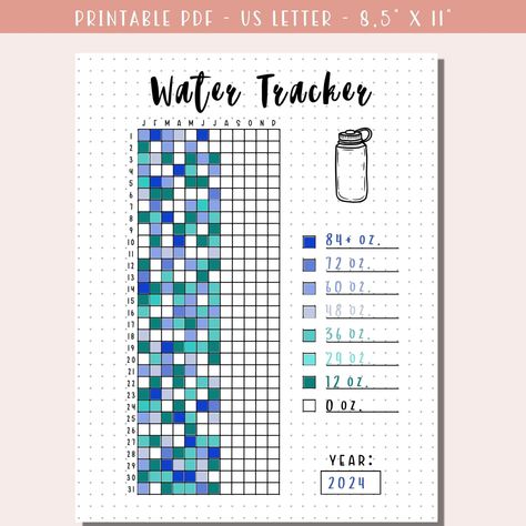 Yearly Water Tracker Printable / Health Tracker / Wellness Journal / Bullet Journal / Planner Insert / Printable PDF - Etsy bulletjournalvisionboard #scheduleplanner #happyplannerstickers Journal Ideas Water Tracker, Yearly Water Tracker, Water Log Bullet Journal, Water Bullet Journal, Water Tracker Journal, Bullet Journal Health Tracker, Health Tracker Bullet Journal, Wellness Bullet Journal, Health Tracker Journal