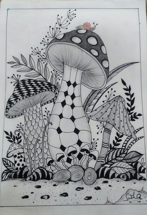 Mushroom Art Drawing Sketch, Mushroom Doodle Art, Zentangle Plants, Zentangle Mushrooms, Vignette Drawing, Mushroom Doodle, Mushroom Drawings, S Images, Doodle Art Flowers