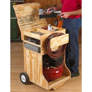 Compressed Air Work Station Downloadable Plan Thumbnail Air Compressor Cart, Compressor Cart, Basic Woodworking Projects, Woodworking Plans Storage, Cedar Wood Projects, Cabinet Woodworking Plans, Diy Wood Work, Advanced Woodworking Plans, Wooden Tools