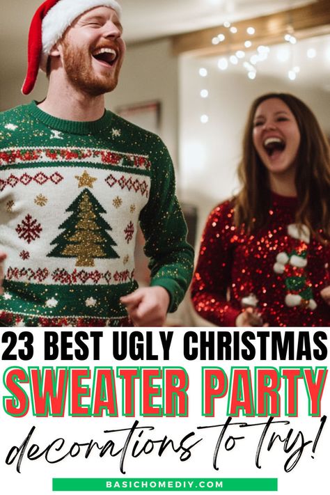 Find 23 simple ugly Christmas sweater party decorations that your guests will love. Make your gathering unforgettable with unique Christmas party decor ideas with photo booth props, table decorations, and wacky Christmas outfits perfect for an ugly Christmas sweater contest. From cupcake toppers to festive balloon garlands transform your venue into the ultimate tacky sweater party. Add a backdrop, party games, and delicious party food that will also work great for a Friendsmas holiday party. Ugly Christmas Sweater Party Decorations, Ugly Sweater Party Food, Ugly Sweater Party Decorations, Easy Party Food Recipes, Christmas Party Decor Ideas, Ugly Christmas Sweater Party Ideas, Ugly Christmas Sweater Contest, Best Ugly Christmas Sweater, Ugly Sweater Diy