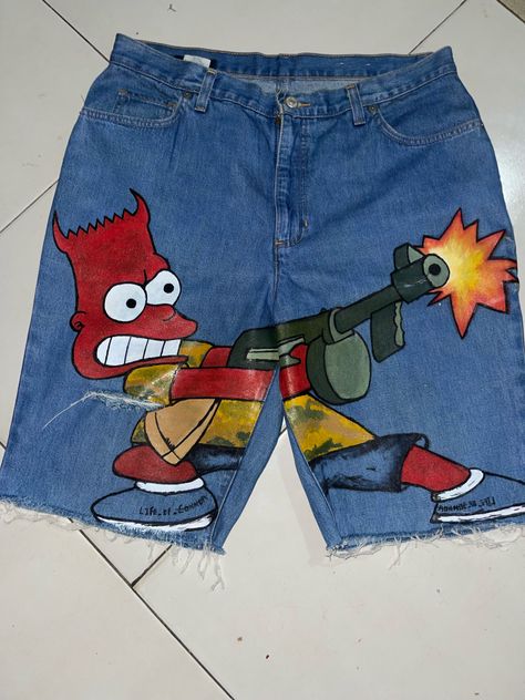 Ian Connor Custom Shorts Jeans, Pants Design Paint, Custom Jeans Diy, Denim Diy Clothes, Black Kids Fashion, Jeans Ideas, Art Deco Paintings, Image Swag, Custom Jeans