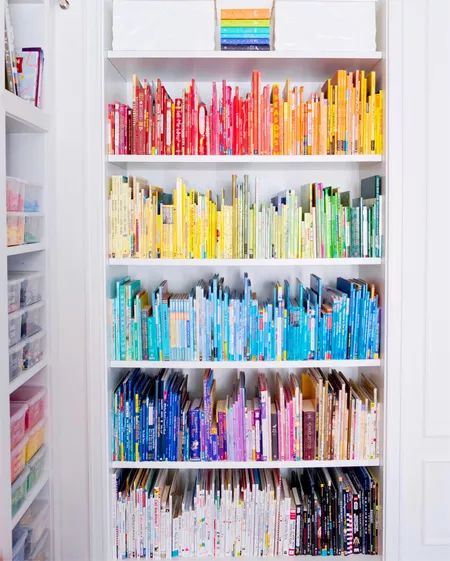 Home Edit Playroom, Organizing Kids Books, Rainbow Bookshelf, Library Bookshelves, Rainbow Order, Home Edit, Bookshelf Organization, House Organisation, Apartment Organization