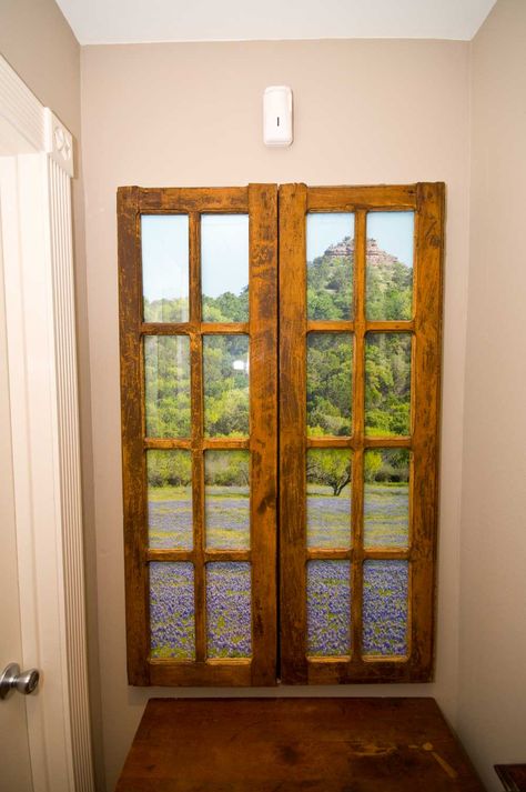 Faux window at end of hallway. Fake Doors On Walls, Windowless Office, Windowless Room, Faux Windows, Basement Remodeling Before And After, End Of Hallway, Window Pictures, Decorative Shutters, Hallway Door