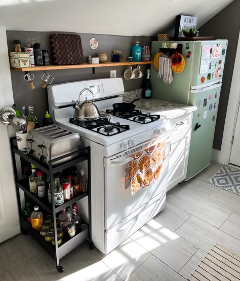 Student Kitchen Ideas Small Spaces, Studio Apartment Kitchenette, Maximalist Small Kitchen, No Kitchen Apartment Ideas, Small Maximalist Apartment, Small Dorm Kitchen, Maximalist Small Apartment, Compact Kitchen Design For Small Spaces, Shelf Next To Fridge