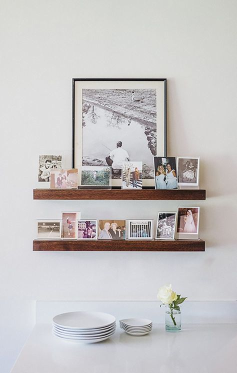 Nice Shelves, Organized Refrigerator, Rose Smith, Jennifer Rose, Picture Shelf, Small Frames, Apartment Loft, Display Family Photos, Family Photo Wall