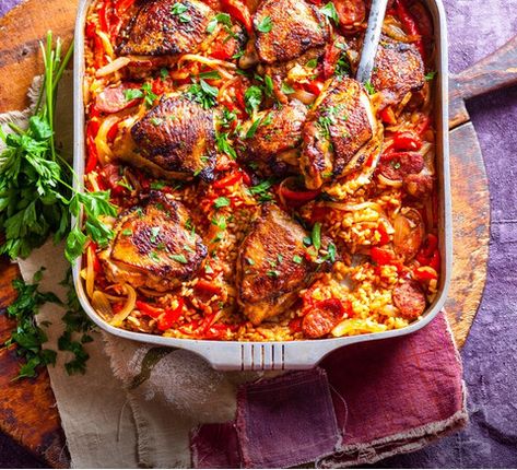 Chicken & Chorizo Rice Bake Recipe | New Idea Chorizo Rice, Rice Bake Recipes, Chicken And Chorizo, Chicken Over Rice, Rice Bake, Spanish Paella, Chicken Chorizo, Make Pasta, Spanish Recipes