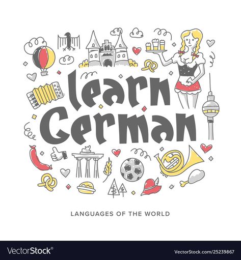 Education In Germany, School Doodles, Learning German, Doodle Vector, German Language Learning, Concept Illustration, World Languages, Learn German, German Language