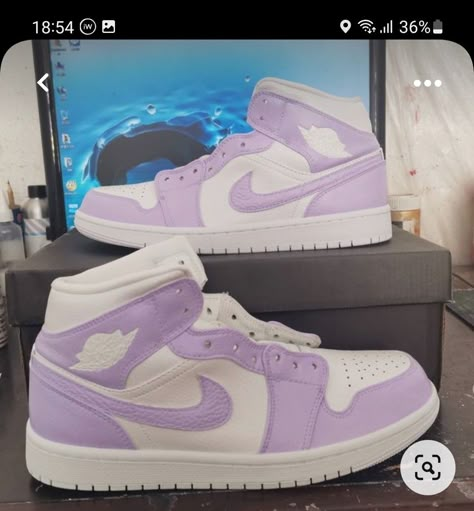 Quinceanera Shoes Purple, Purple Quinceanera Shoes, Nike Jordan Purple, Purple Shoes Heels, Light Purple Shoes, Purple Jordans, Sweet 16 Shoes, Lilac Sneakers, Purple Nike Shoes