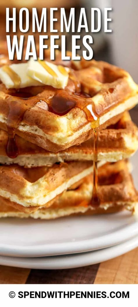 This homemade waffle recipe makes perfectly fluffy and crispy waffles. With a simple batter, you can make this classic breakfast in no time! #spendwithpennies #waffles #homemadebatter #fluffywaffles #wafflerecipe Easy Homemade Waffle Recipe, Homemade Waffle Recipe, Crispy Waffles, Homemade Waffle, Banana Breakfast Cookie, Easy Waffle Recipe, Fried Chicken And Waffles, How To Make Waffles, Fluffy Waffles