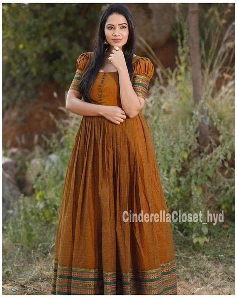 Saree Dress Indian Kurti, Narayanpet Dress, Saree To Dress, Casual Churidar, Saree Dress Indian, Frock Models, Lehenga Saree Design, Long Frock Designs, Indian Kurti