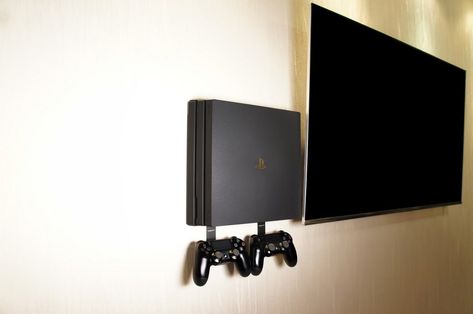 Playstation Storage Ideas, Ps4 Wall Mount Ideas, Ps4 On Wall, Ps5 Mounted On Wall, Mount Ps5 On Wall, Playstation On Wall, Controller Wall Mount, Wall Mounted Tv Playstation, Ps4 Wall Mount