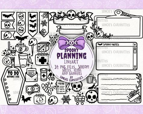 Spooky pastel goth style planner clipart. Perfect for adding a touch of spooky fun to your digital planner. #plannerclipart #spookyplanner . #Spooky_Planner_Ideas #Spooky_Digital_Stickers #Goth_Planner_Ideas #Goth_Clipart Spooky Planner Ideas, Spooky Digital Stickers, Goth Planner Ideas, Witchy Planner Stickers, Goth Doodles, Lineart Digital, Goth Planner, Pastel Goth Style, Planner Clipart