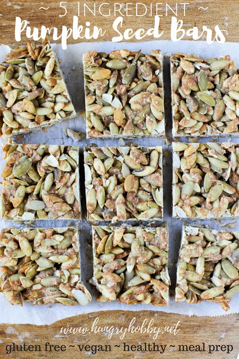 These five-ingredient pumpkin seed bars are full of wholesome ingredients & they are super easy to whip up! The perfect salty-sweet anytime snack or breakfast! #glutenfree #vegan #vegatarian #snack #easyrecipe Seed Snacks Healthy, Pumpkin Seed Snack Recipes, Pumpkin Seed Granola Bars, Vegan Seed Bars, Pumpkin Seeds Cookies, Raw Pumpkin Seed Recipes, Healthy Seed Bars, Pumpkin Seed Snacks, Seed Bars Recipe Healthy