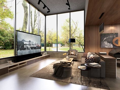 Ultra Short Throw Projector Furniture, Hidden Projector Screen Living Room, Living Room Big Tv, Tv Window, Home Projector Screen, Ultra Short Throw Projector, Projector Portable, Rustic Family Room, Contemporary Living Room Design